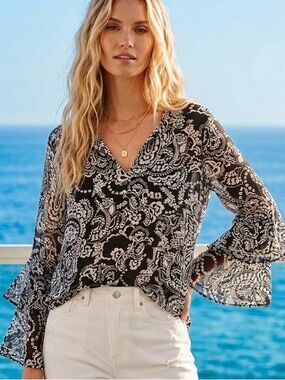 Vince Camuto Flowy Ruffle Black and White Paisley Print Blouse